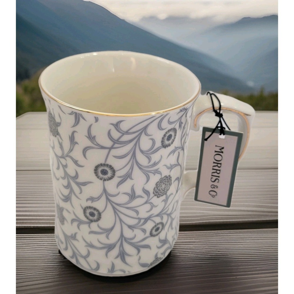 NEW Morris & Co. Fine China Ceramic  MUG GRAY Florals Pattern GOLD Rim